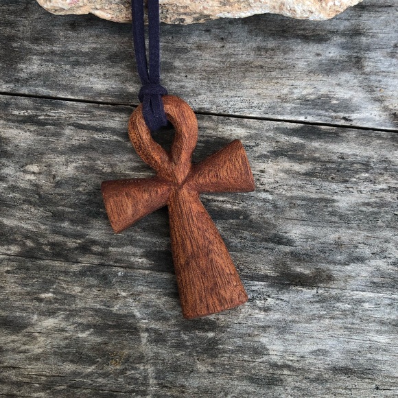 Hand-Carved Mahogany Wooden Ankh Necklace - Picture 4 of 8